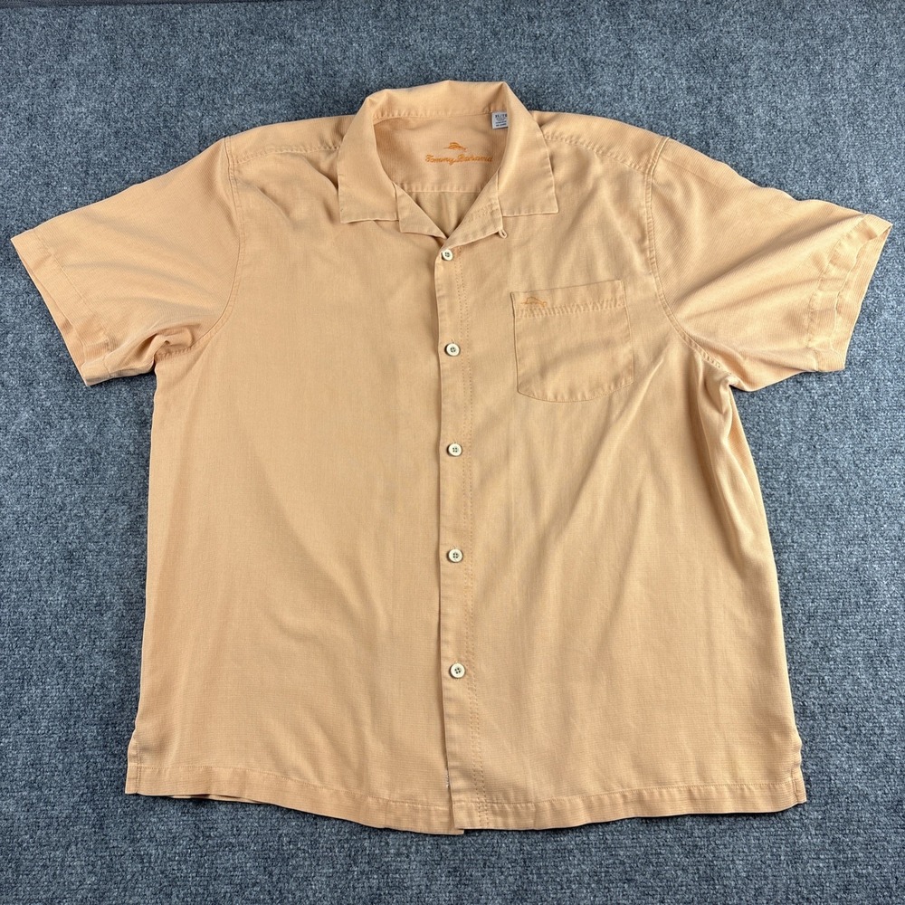 Tommy Bahama IslandZone Camp Shirt Men's XL Short Sleeve Peach Orange Textured